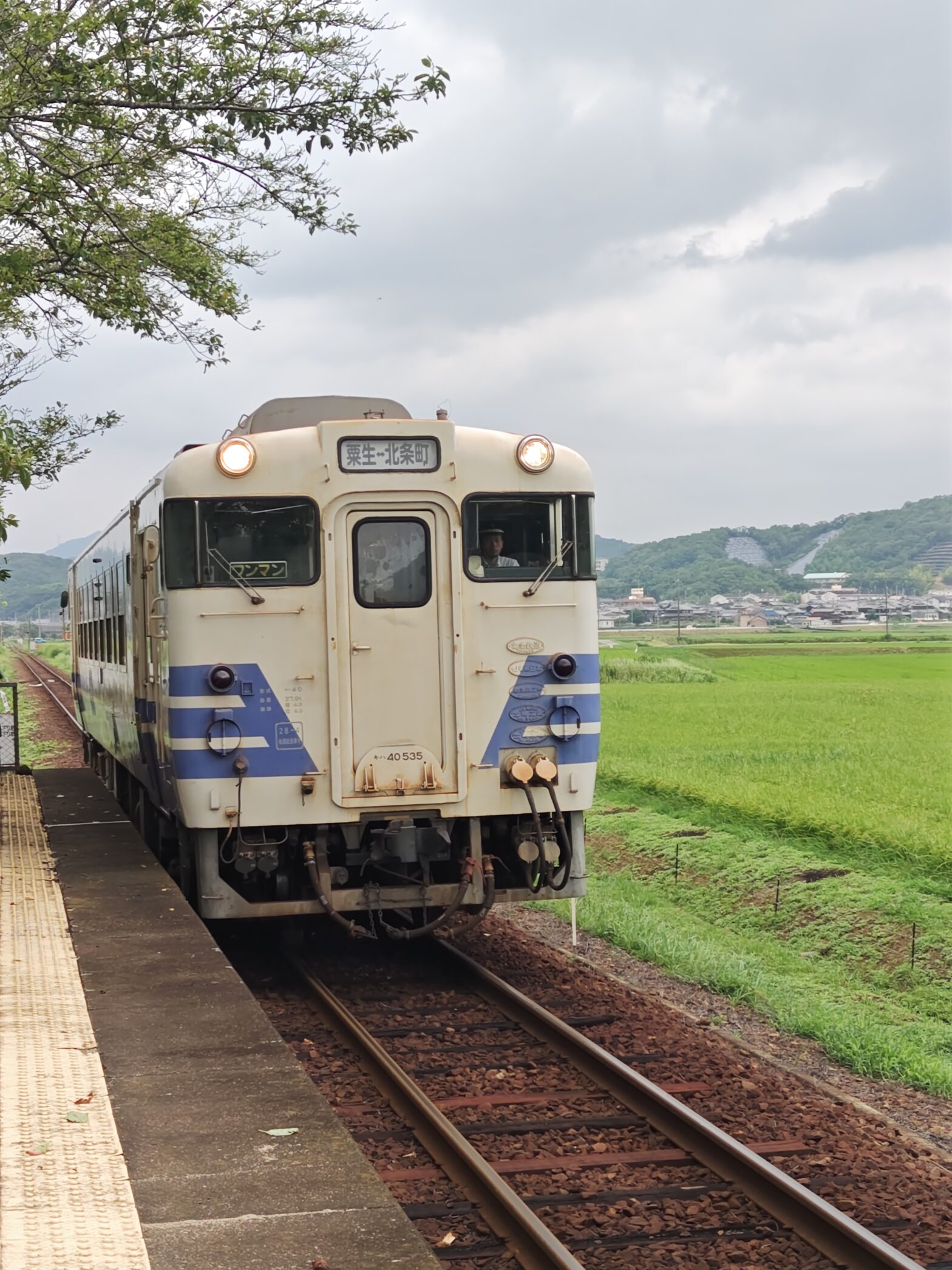 まわりに田園風景が広がる中で、北条鉄道のキハ40が駅に到着しようと向かってきている写真