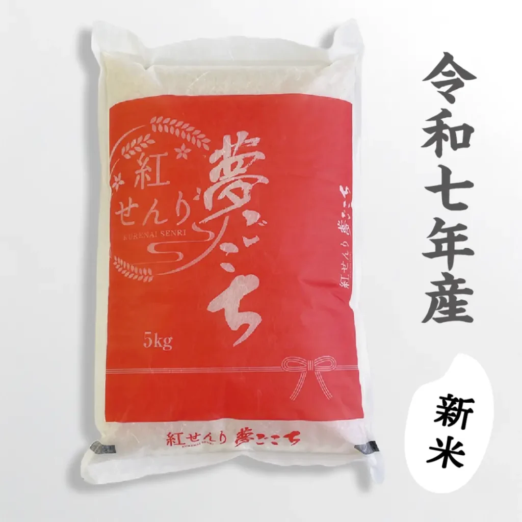 白い袋に入った5kgの米。中央に赤いラベルがあり、『紅せんり 夢ごこち』と印字されています。ラベルには稲穂の装飾とリボンのイラストがあり、贈答用にも使えるデザインです